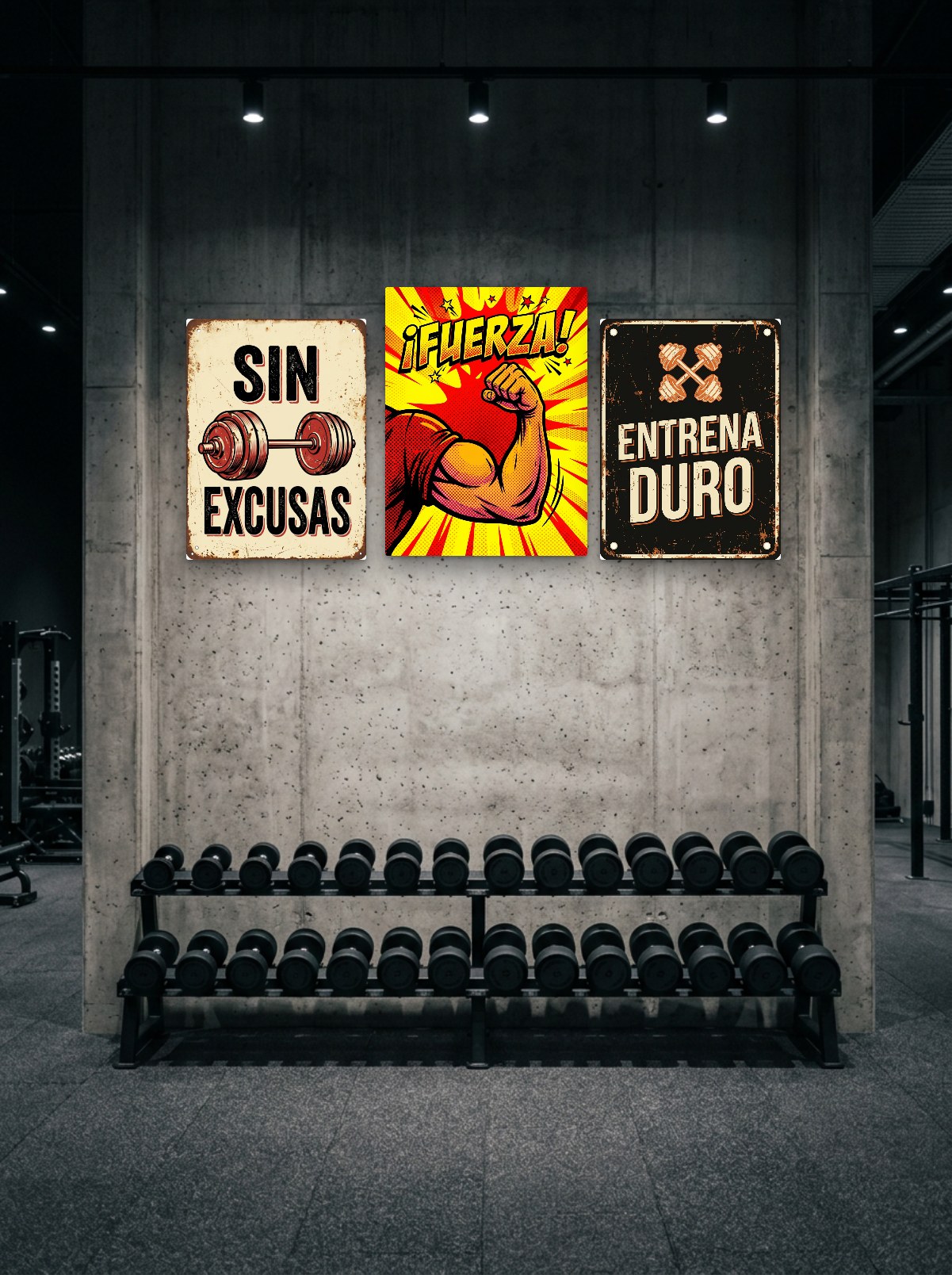 Pared de un gimnasio decorada con cuadros del pack